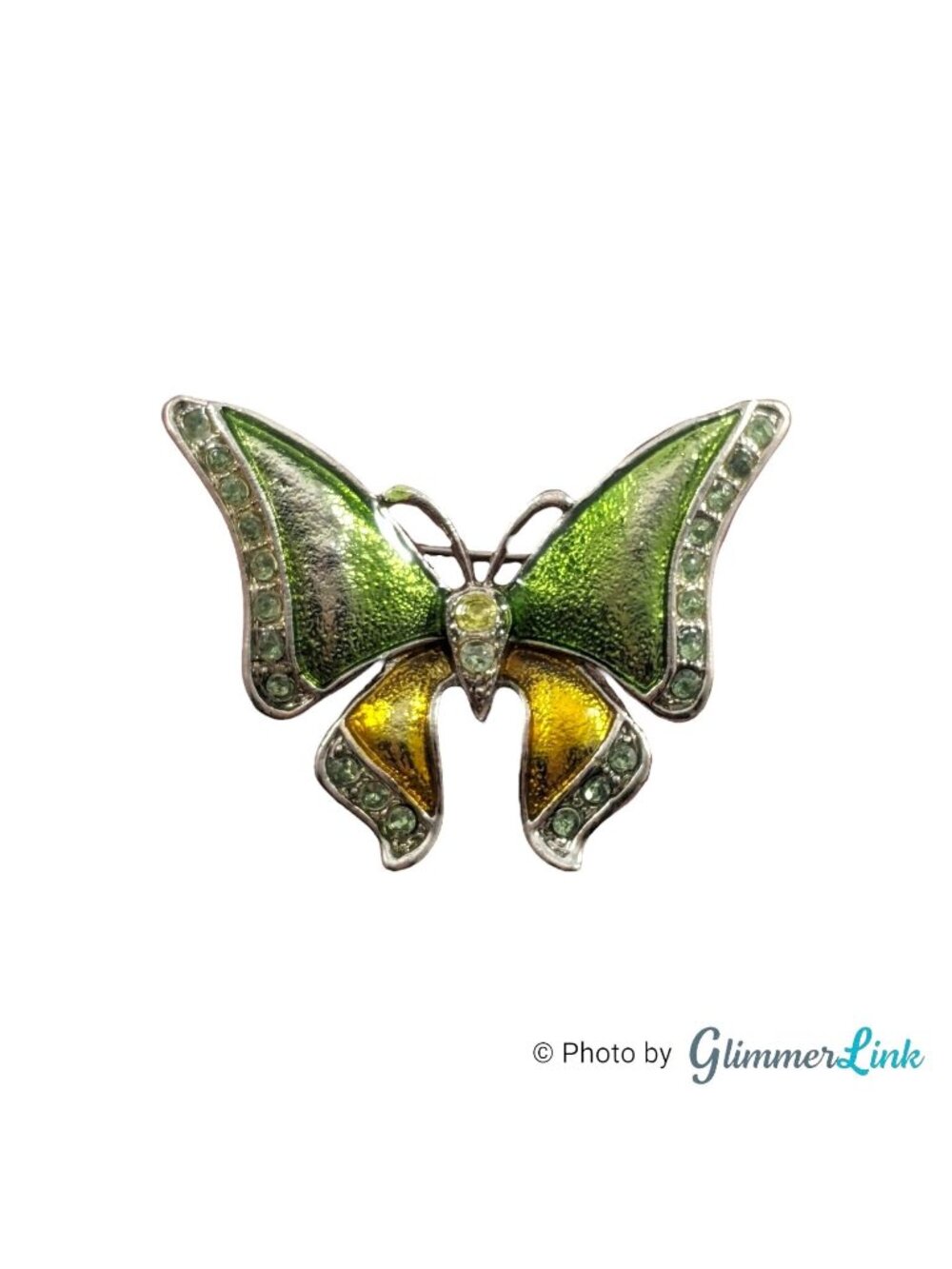Vintage Green Yellow Glitter Enamel Butterfly Silver Tone Brooch